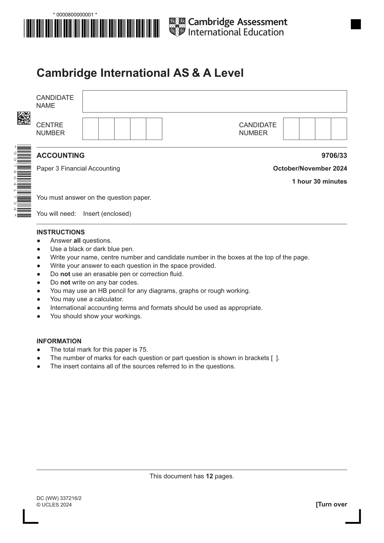 Cambridge A Level Accounting 9706 2024 Oct/Nov Paper 3 · Variant 3 question paper, page 1 of 12