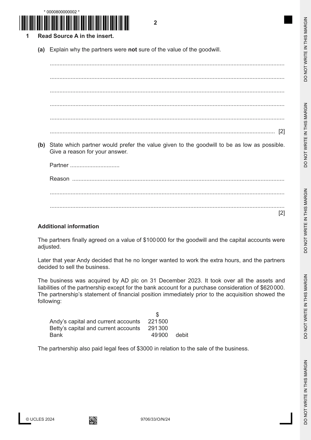 Cambridge A Level Accounting 9706 2024 Oct/Nov Paper 3 · Variant 3 question paper, page 2 of 12