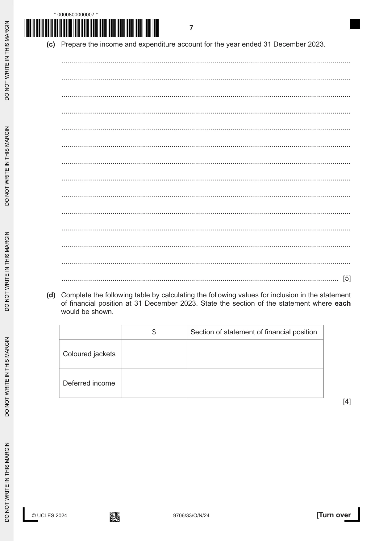 Cambridge A Level Accounting 9706 2024 Oct/Nov Paper 3 · Variant 3 question paper, page 7 of 12