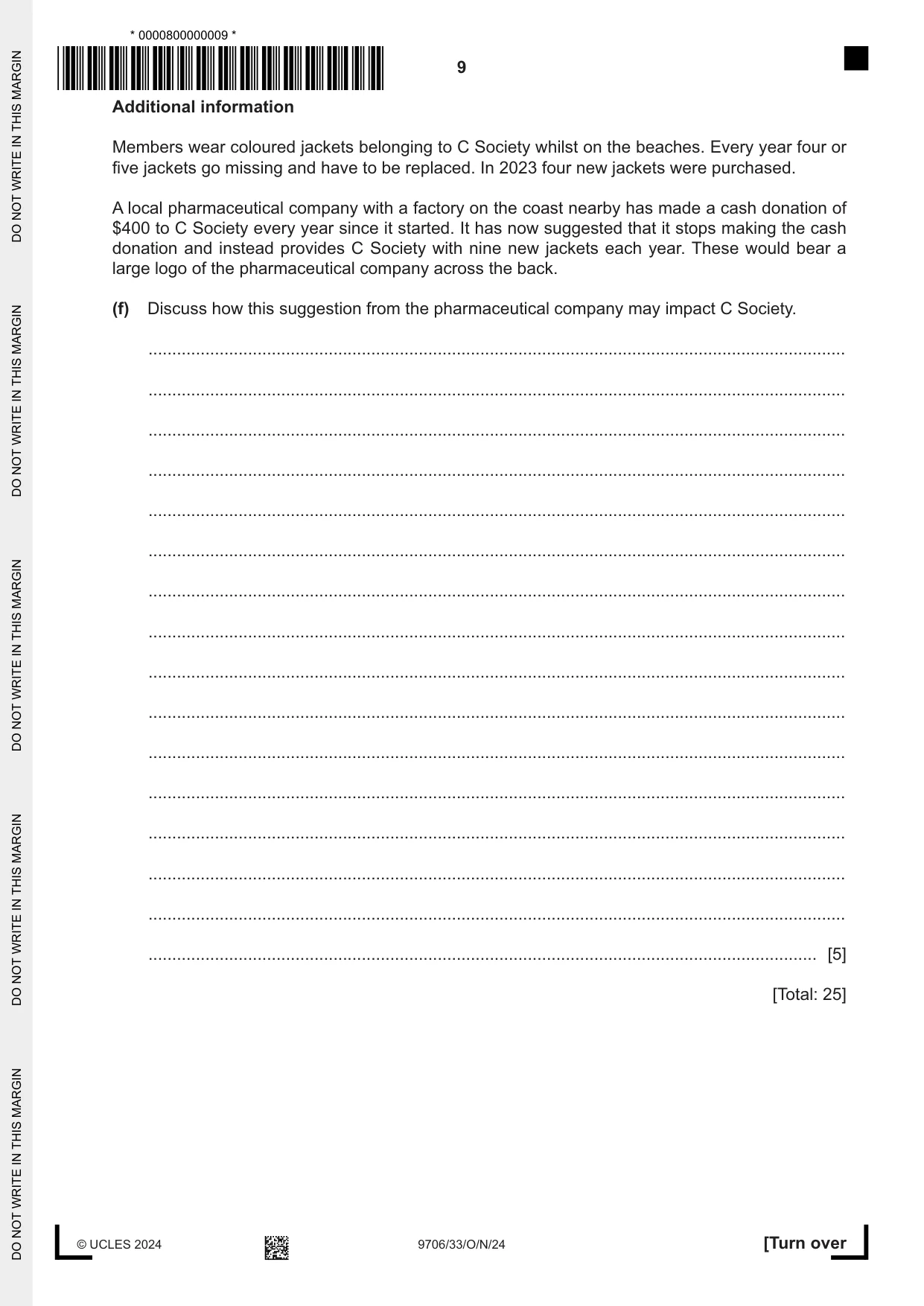 Cambridge A Level Accounting 9706 2024 Oct/Nov Paper 3 · Variant 3 question paper, page 9 of 12