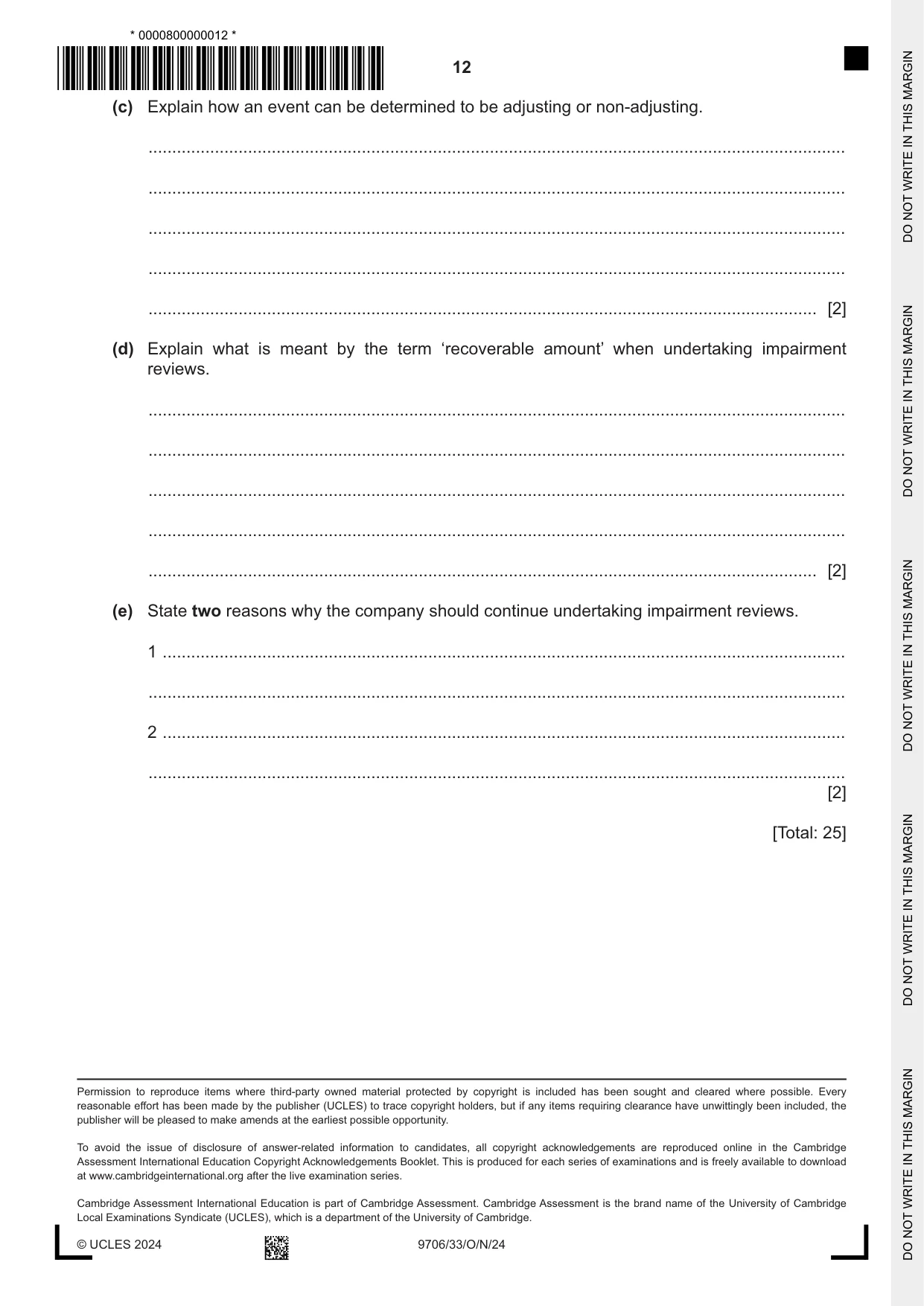Cambridge A Level Accounting 9706 2024 Oct/Nov Paper 3 · Variant 3 question paper, page 12 of 12