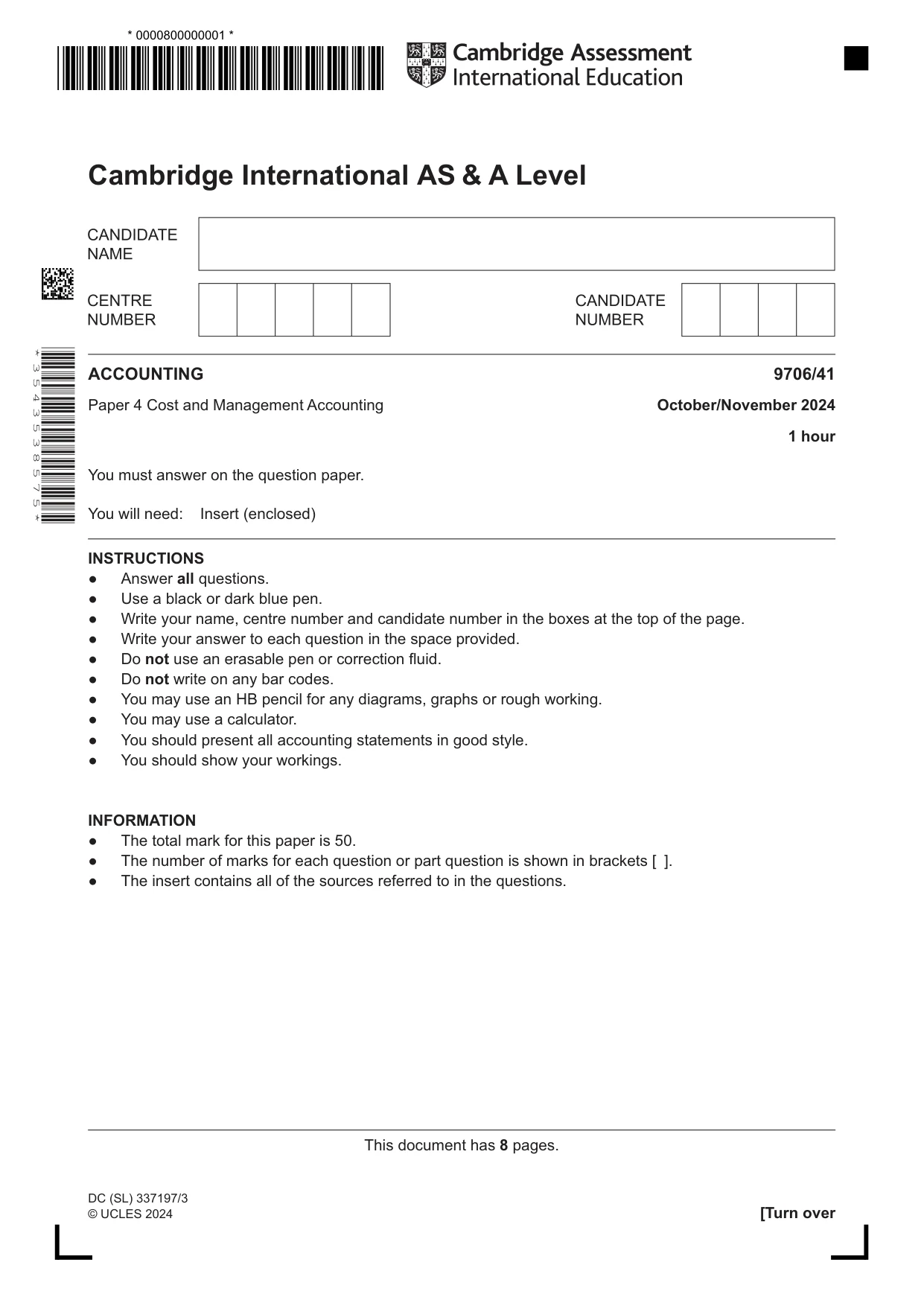 Cambridge A Level Accounting 9706 2024 Oct/Nov Paper 4 · Variant 1 question paper, page 1 of 8