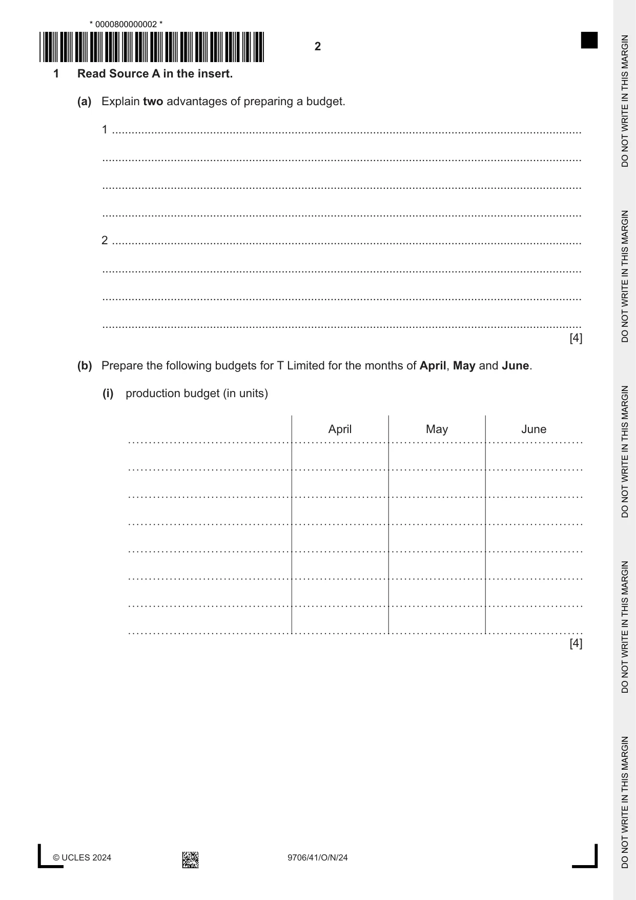 Cambridge A Level Accounting 9706 2024 Oct/Nov Paper 4 · Variant 1 question paper, page 2 of 8