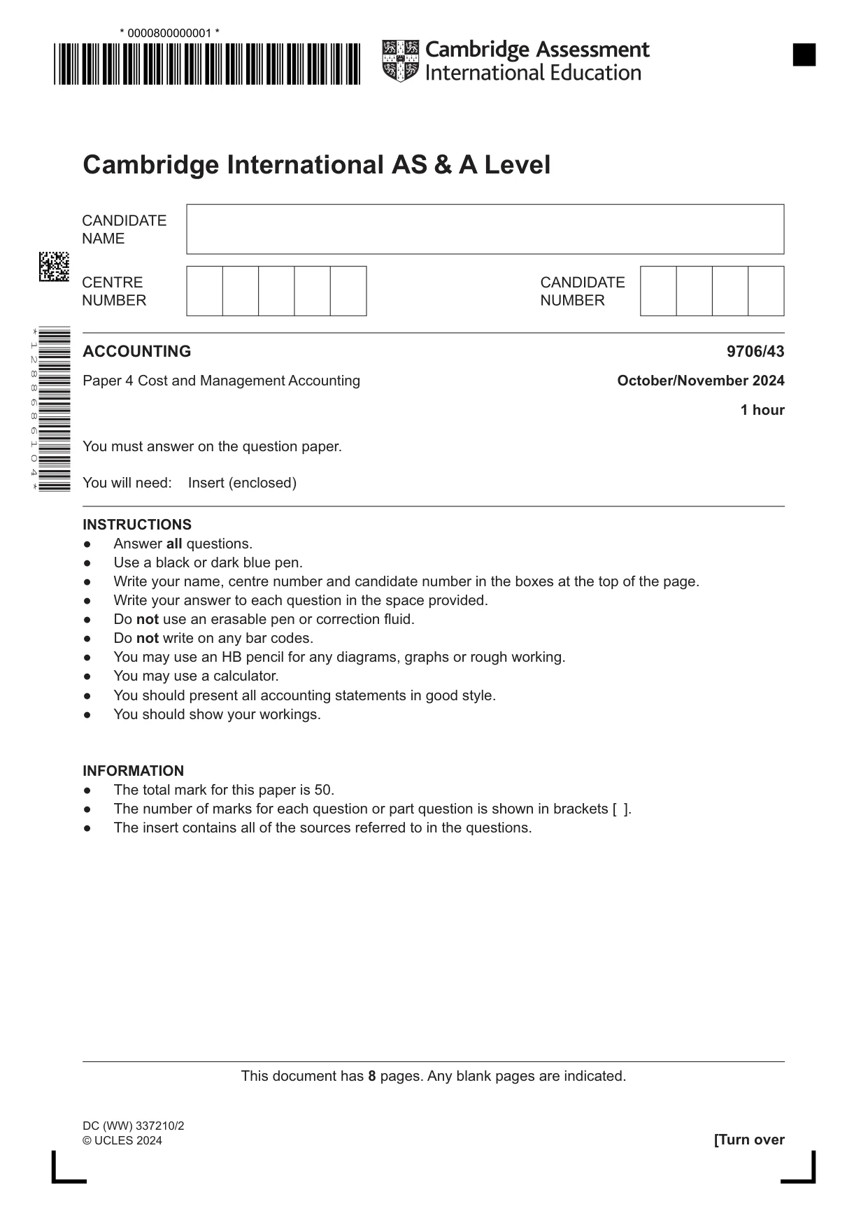 Cambridge A Level Accounting 9706 2024 Oct/Nov Paper 4 · Variant 3 question paper, page 1 of 8