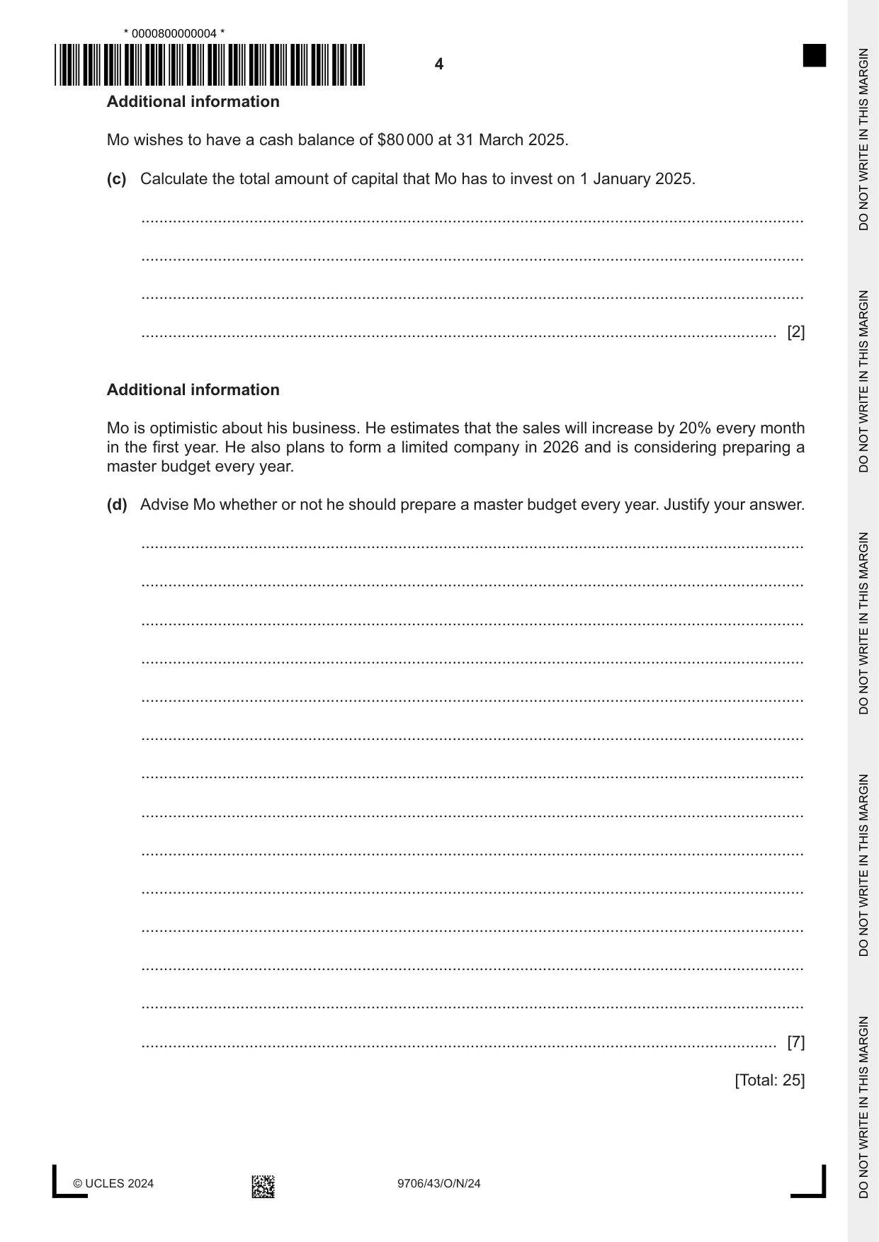 Cambridge A Level Accounting 9706 2024 Oct/Nov Paper 4 · Variant 3 question paper, page 4 of 8