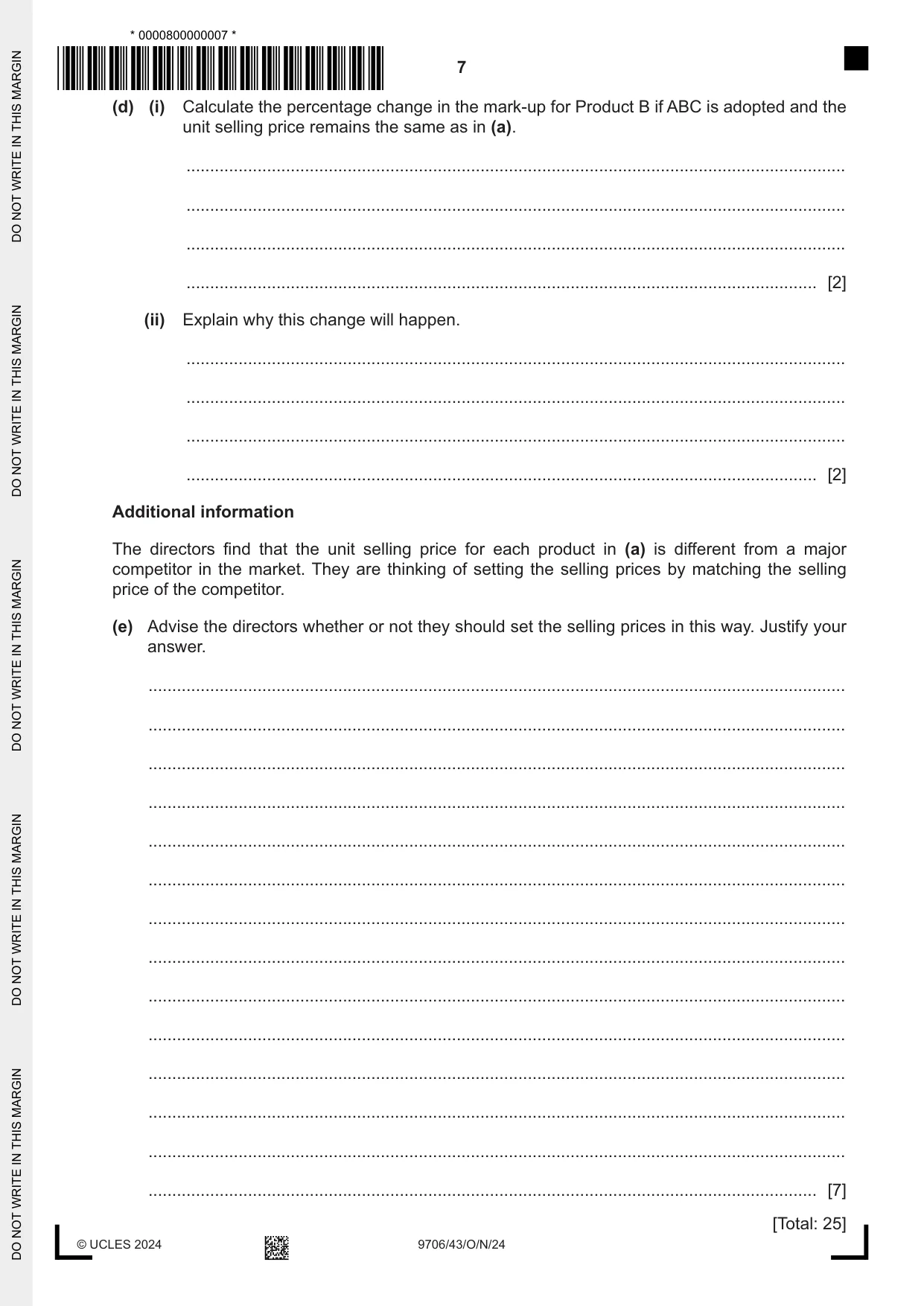 Cambridge A Level Accounting 9706 2024 Oct/Nov Paper 4 · Variant 3 question paper, page 7 of 8