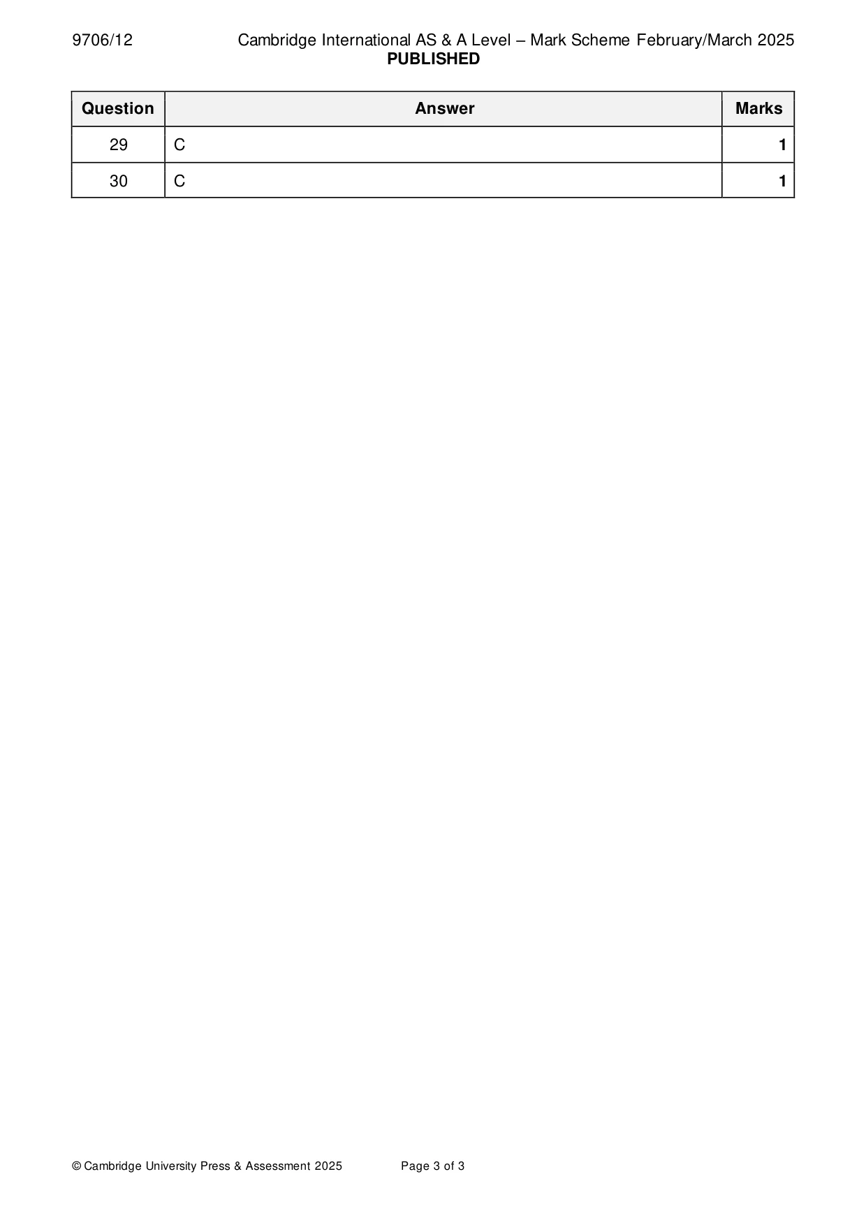 Mark scheme, page 3 of 3
