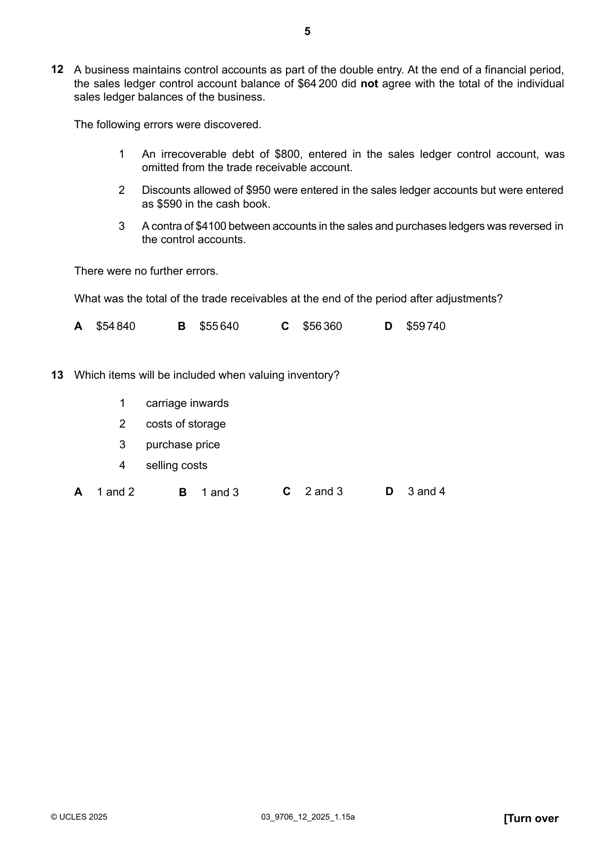 Cambridge A Level Accounting 9706 2025 Feb/March Paper 1 · Variant 2 question paper, page 5 of 12