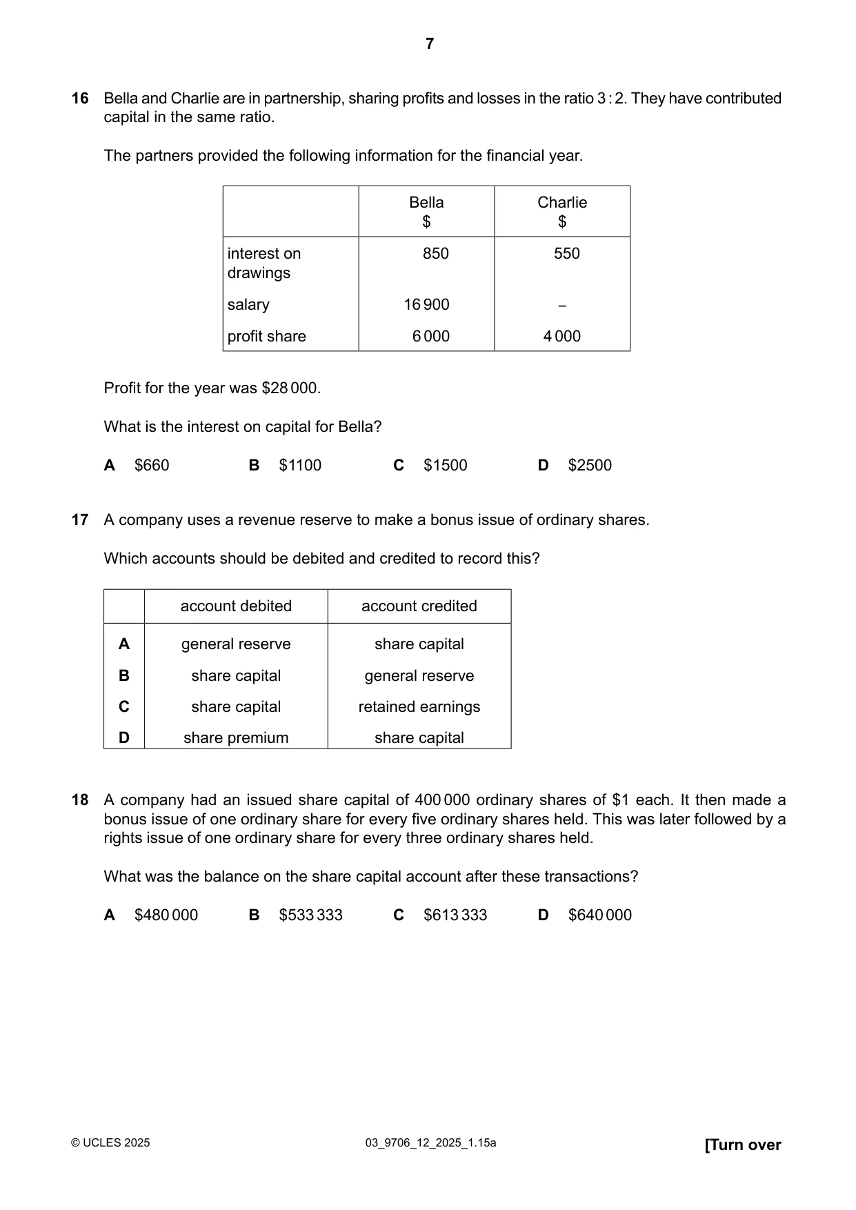 Cambridge A Level Accounting 9706 2025 Feb/March Paper 1 · Variant 2 question paper, page 7 of 12