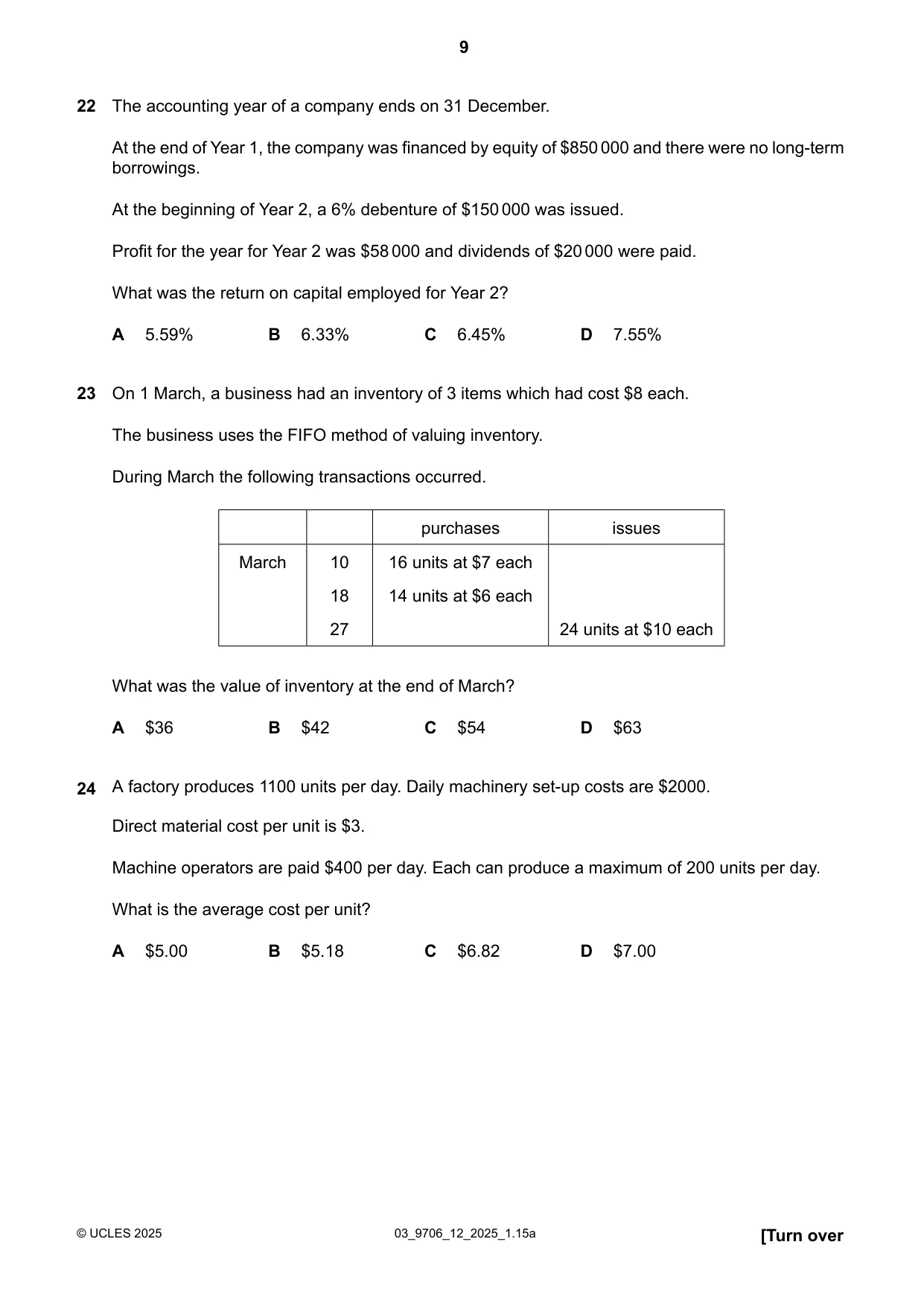 Cambridge A Level Accounting 9706 2025 Feb/March Paper 1 · Variant 2 question paper, page 9 of 12