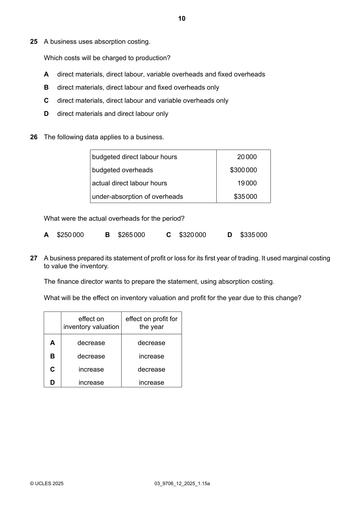 Cambridge A Level Accounting 9706 2025 Feb/March Paper 1 · Variant 2 question paper, page 10 of 12