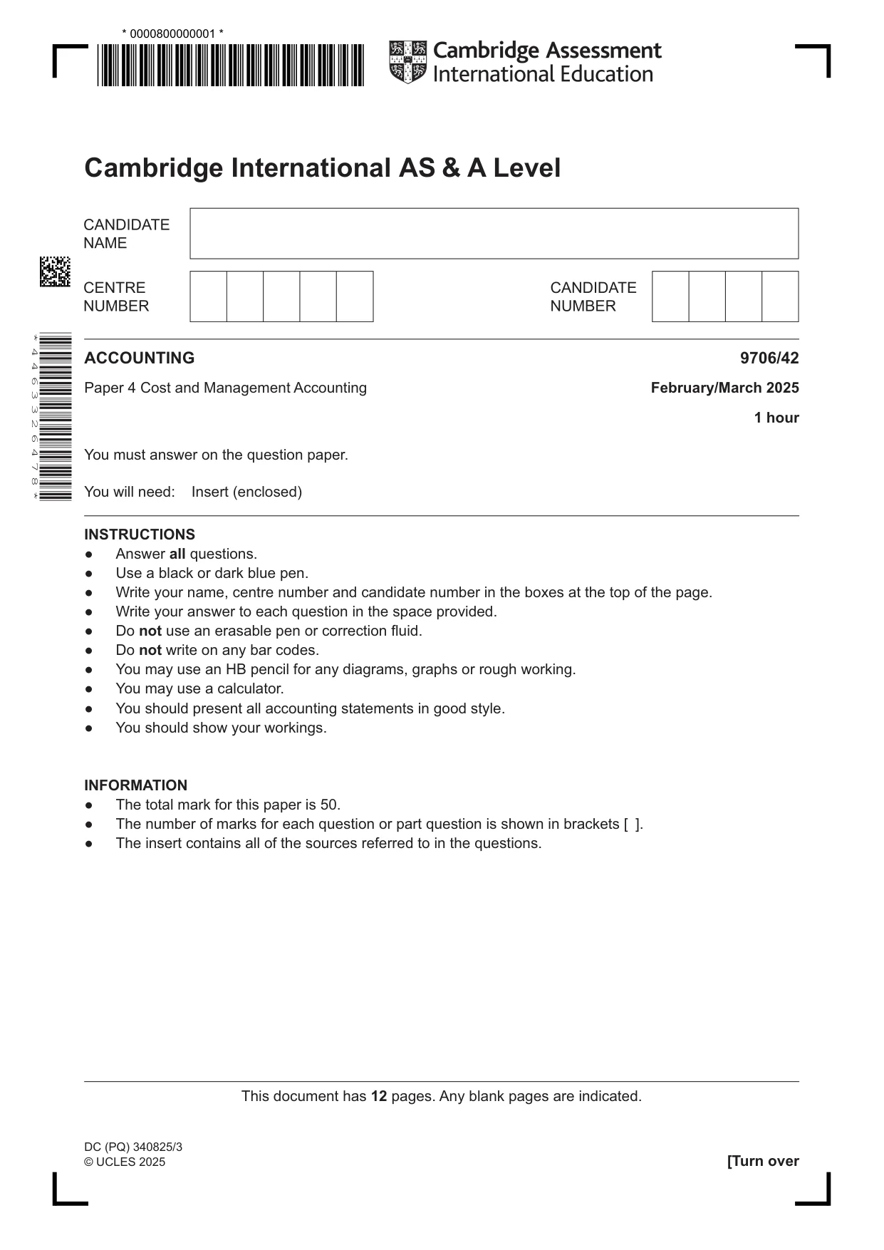 Cambridge A Level Accounting 9706 2025 Feb/March Paper 4 · Variant 2 question paper, page 1 of 12