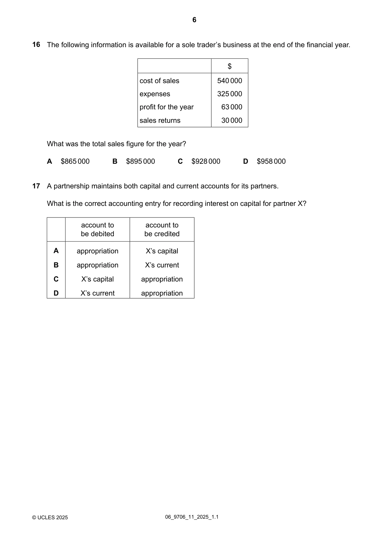 Cambridge A Level Accounting 9706 2025 May/June Paper 1 · Variant 1 question paper, page 6 of 12