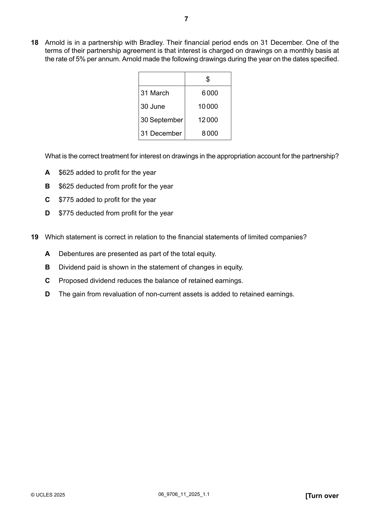 Cambridge A Level Accounting 9706 2025 May/June Paper 1 · Variant 1 question paper, page 7 of 12