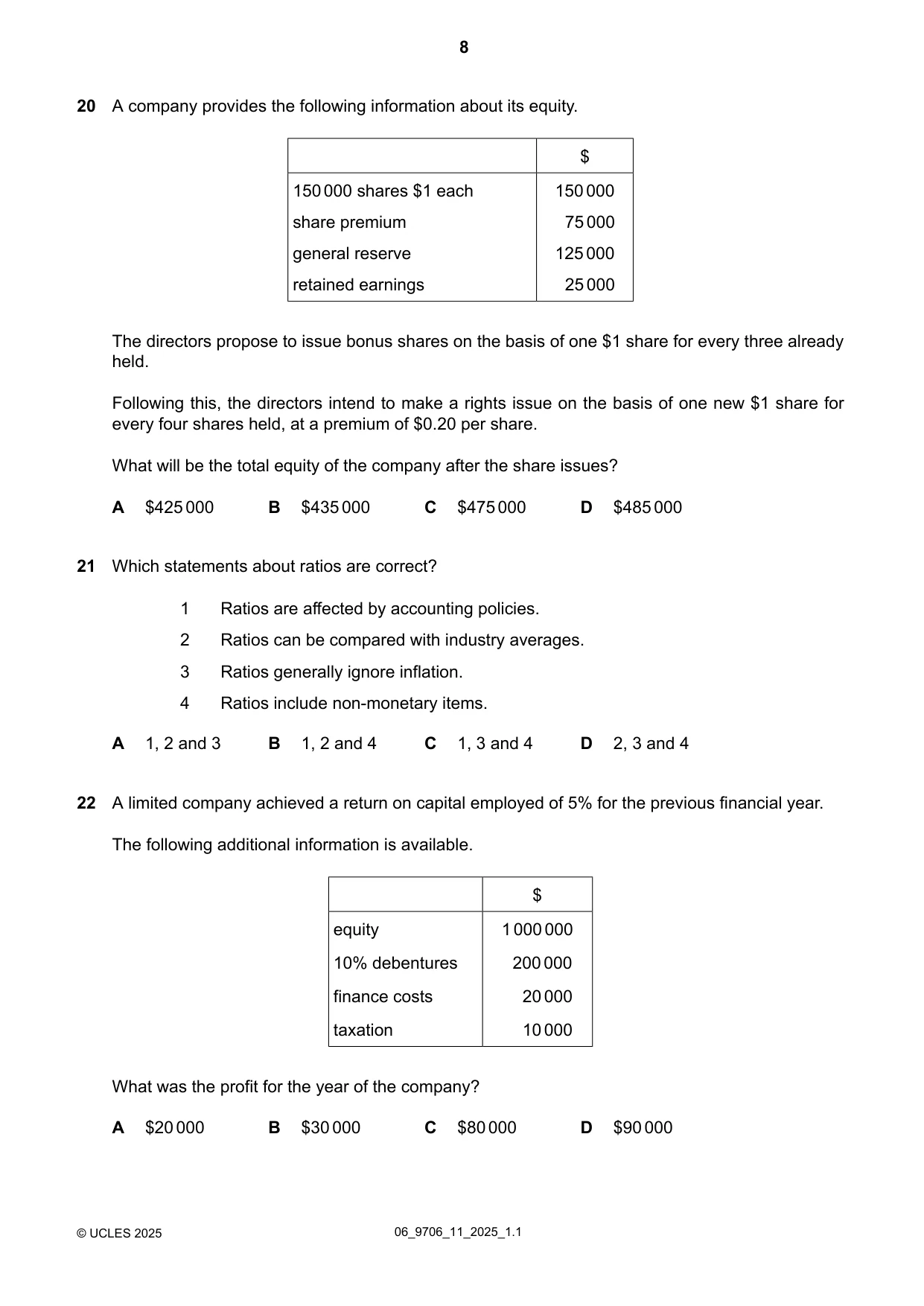 Cambridge A Level Accounting 9706 2025 May/June Paper 1 · Variant 1 question paper, page 8 of 12