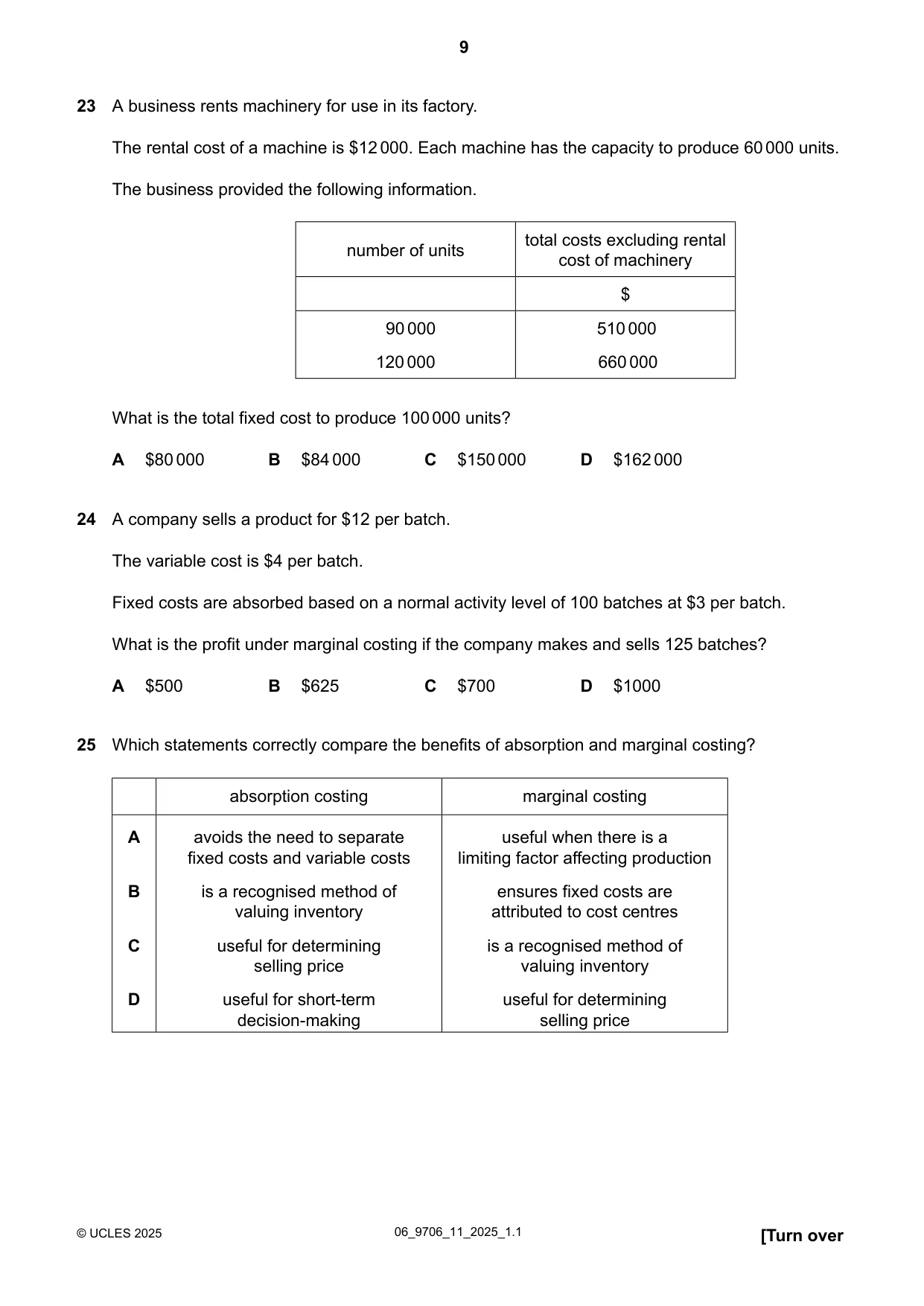 Cambridge A Level Accounting 9706 2025 May/June Paper 1 · Variant 1 question paper, page 9 of 12
