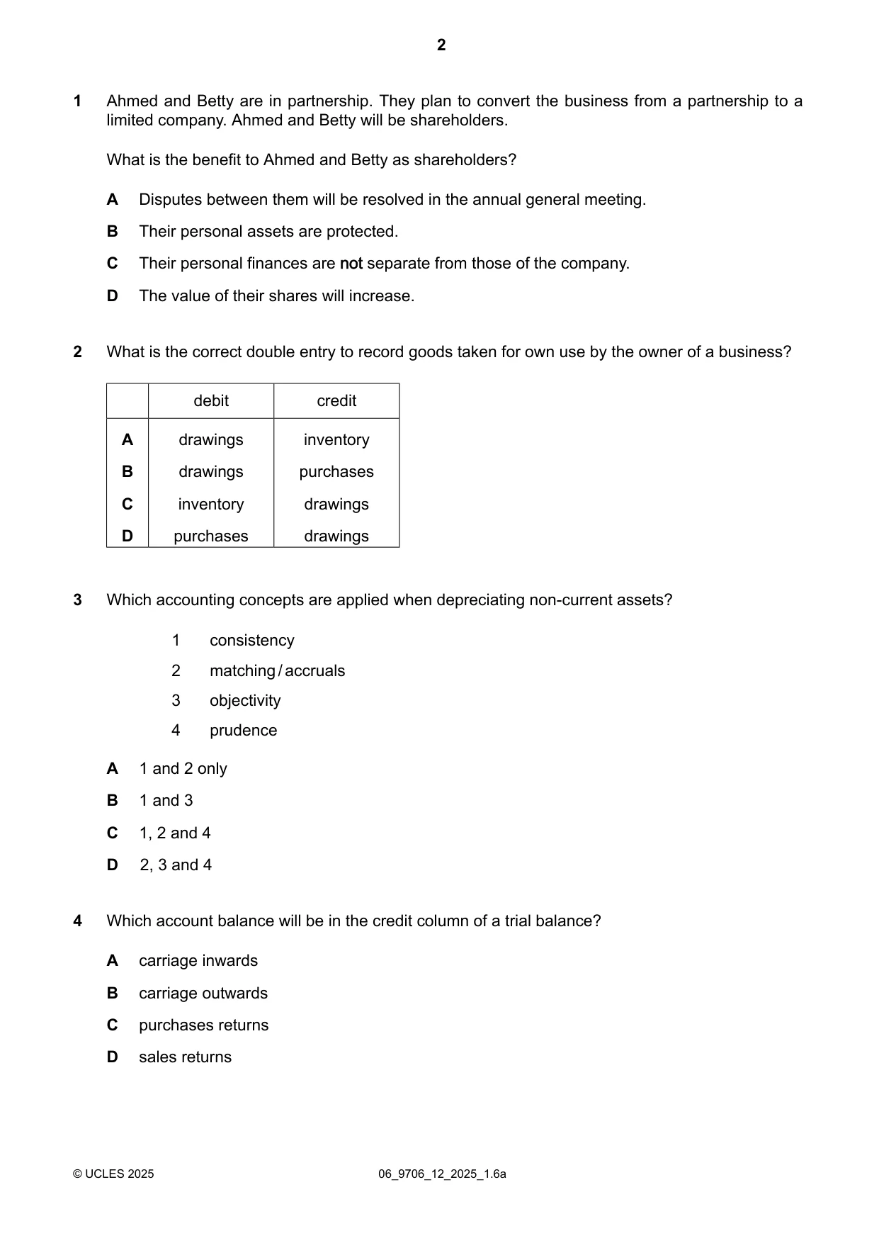 Cambridge A Level Accounting 9706 2025 May/June Paper 1 · Variant 2 question paper, page 2 of 12