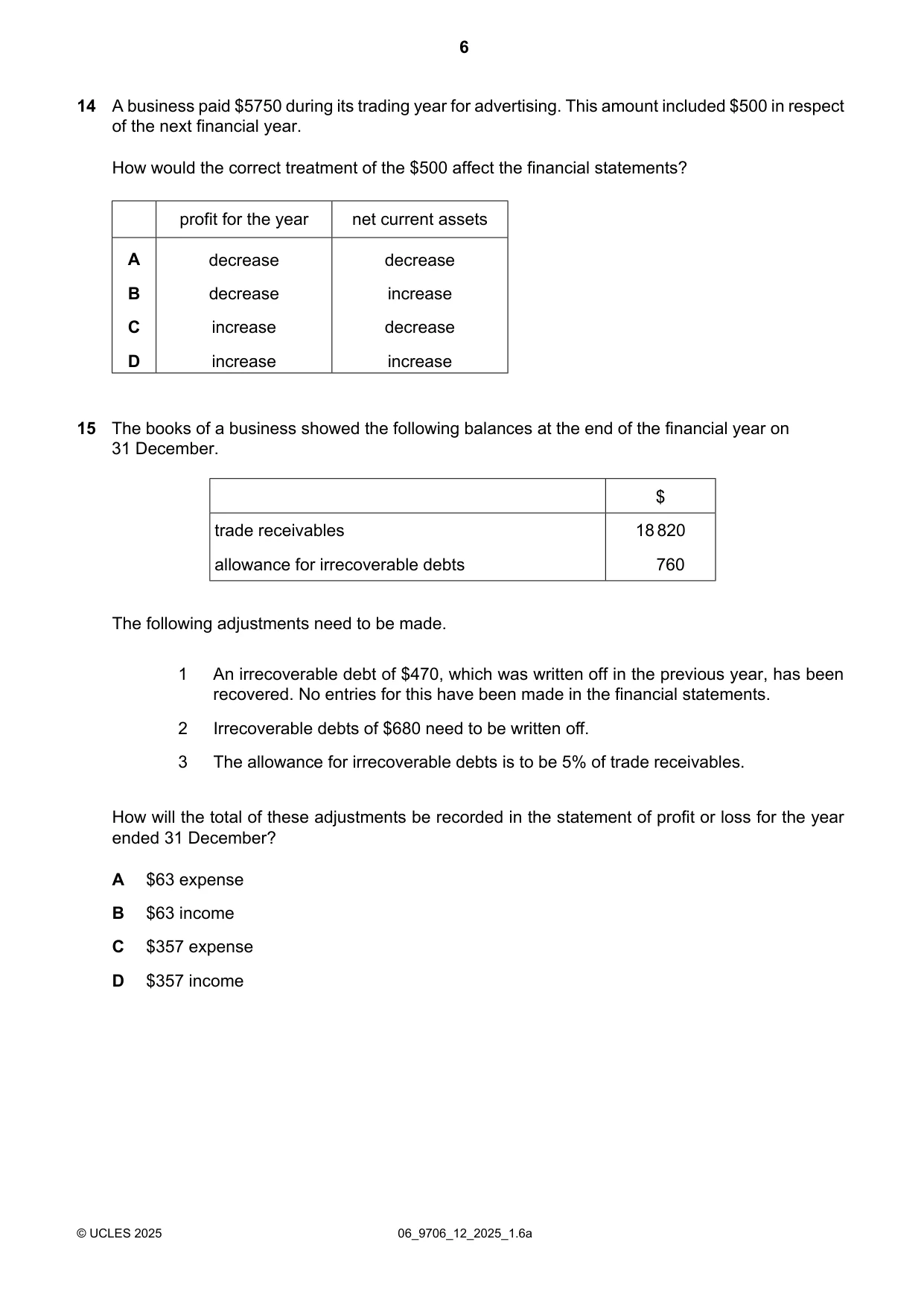 Cambridge A Level Accounting 9706 2025 May/June Paper 1 · Variant 2 question paper, page 6 of 12
