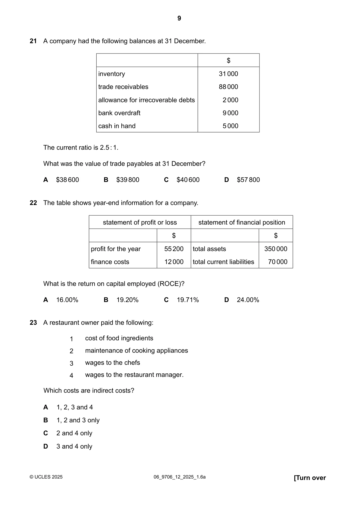 Cambridge A Level Accounting 9706 2025 May/June Paper 1 · Variant 2 question paper, page 9 of 12
