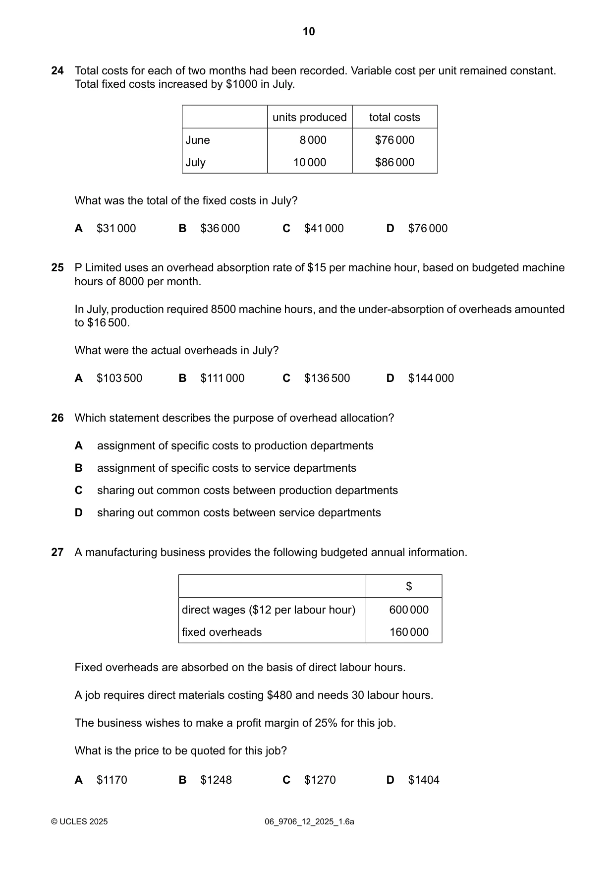 Cambridge A Level Accounting 9706 2025 May/June Paper 1 · Variant 2 question paper, page 10 of 12