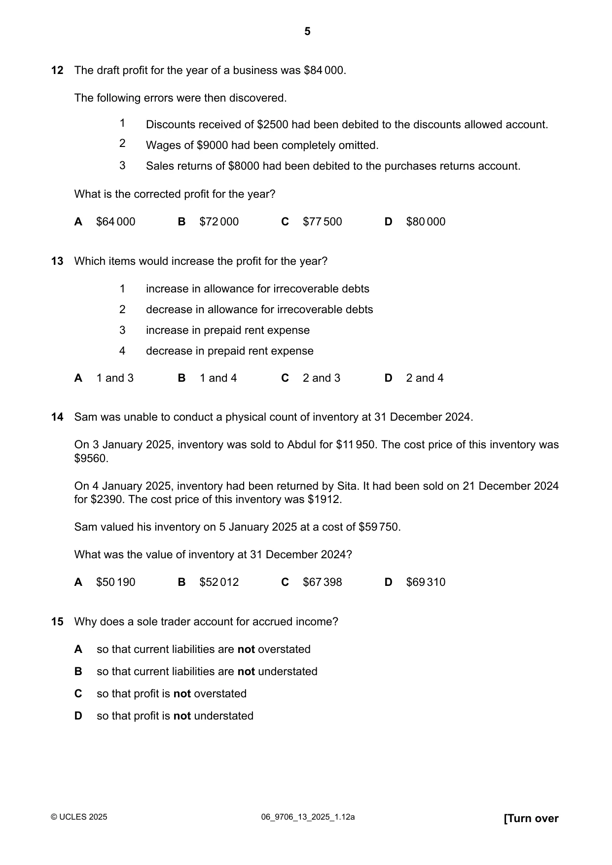 Cambridge A Level Accounting 9706 2025 May/June Paper 1 · Variant 3 question paper, page 5 of 12