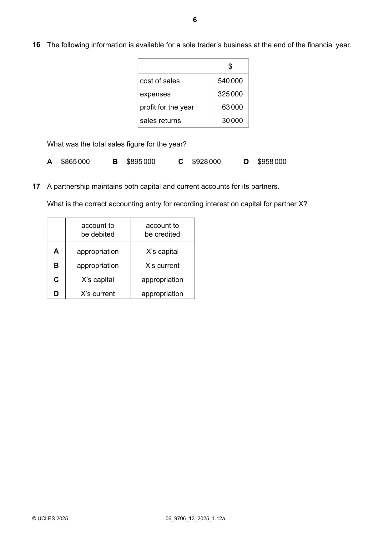 Cambridge A Level Accounting 9706 2025 May/June Paper 1 · Variant 3 question paper, page 6 of 12