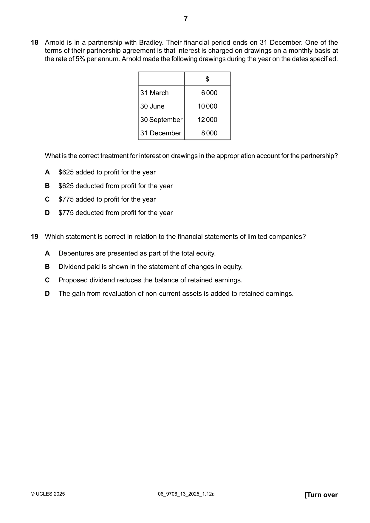 Cambridge A Level Accounting 9706 2025 May/June Paper 1 · Variant 3 question paper, page 7 of 12