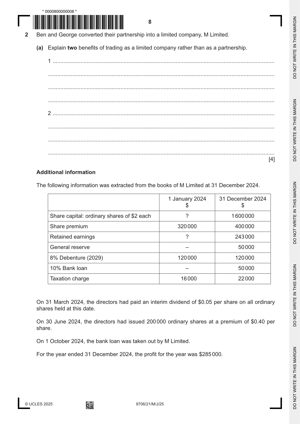 Cambridge A Level Accounting 9706 2025 May/June Paper 2 · Variant 1 question paper, page 8 of 20