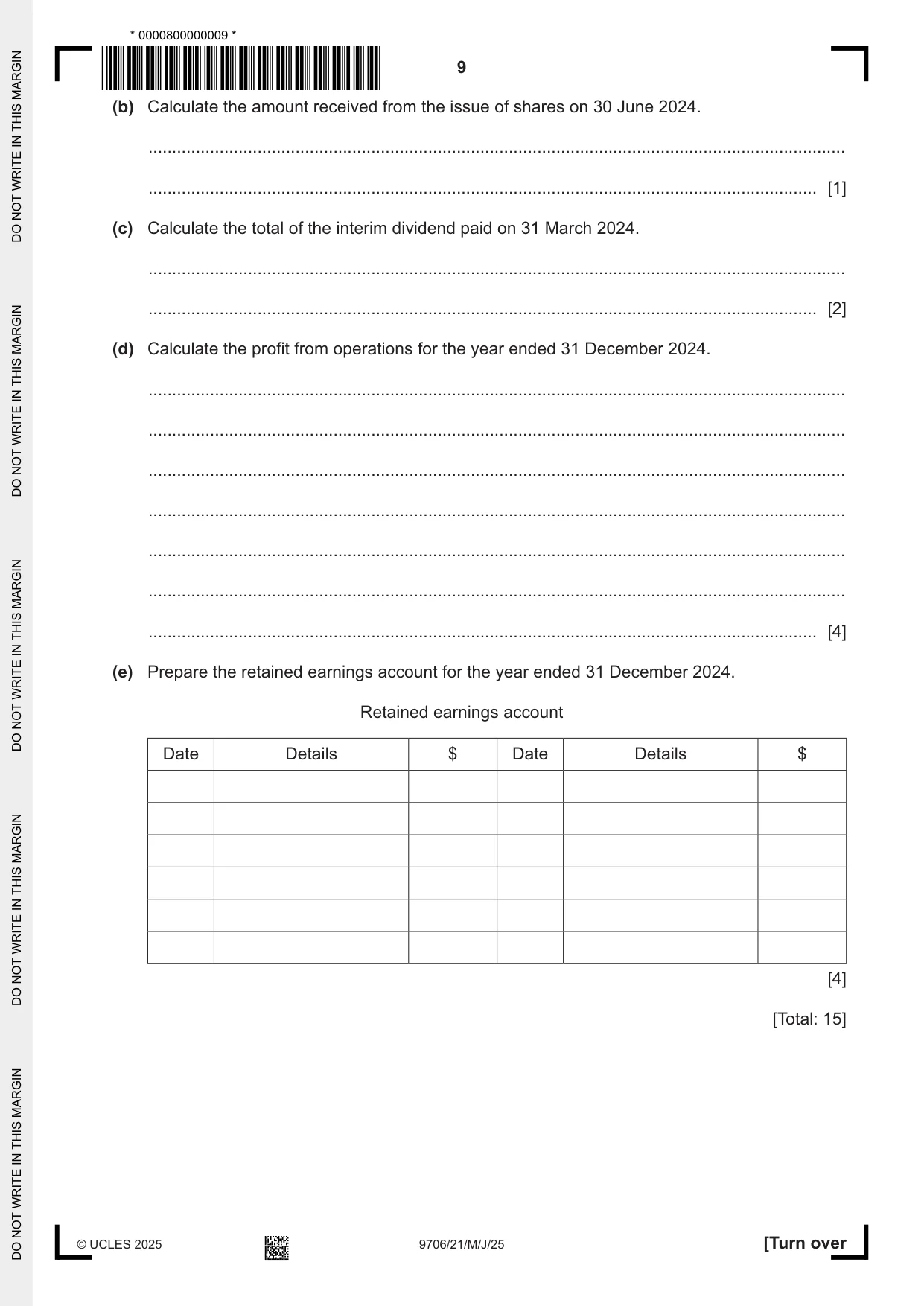 Cambridge A Level Accounting 9706 2025 May/June Paper 2 · Variant 1 question paper, page 9 of 20