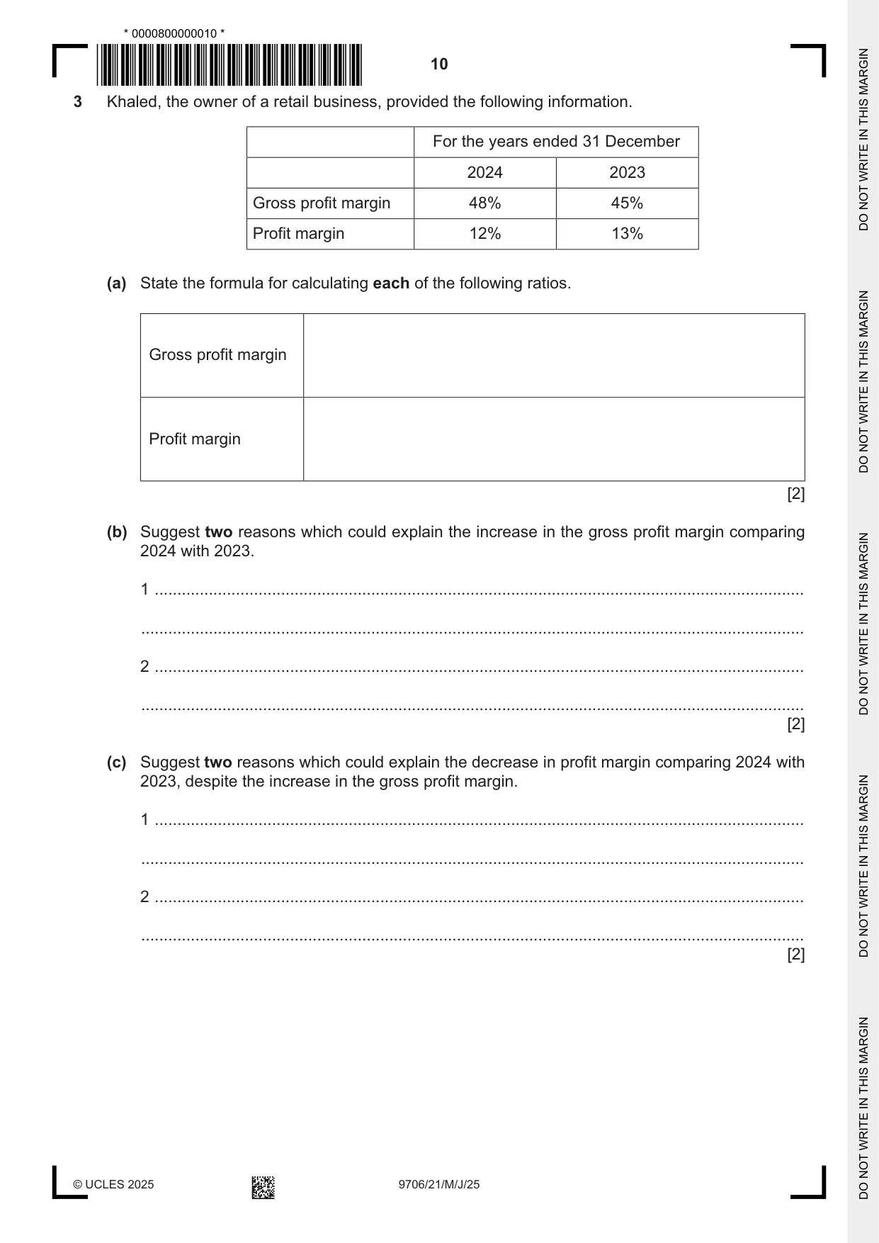 Cambridge A Level Accounting 9706 2025 May/June Paper 2 · Variant 1 question paper, page 10 of 20