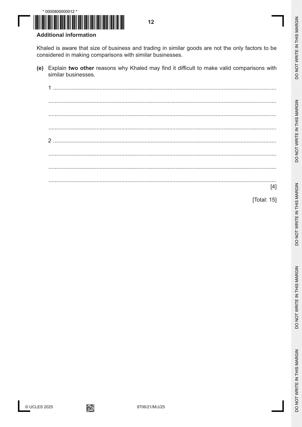 Cambridge A Level Accounting 9706 2025 May/June Paper 2 · Variant 1 question paper, page 12 of 20
