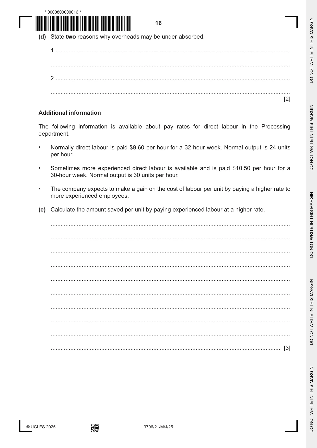 Cambridge A Level Accounting 9706 2025 May/June Paper 2 · Variant 1 question paper, page 16 of 20