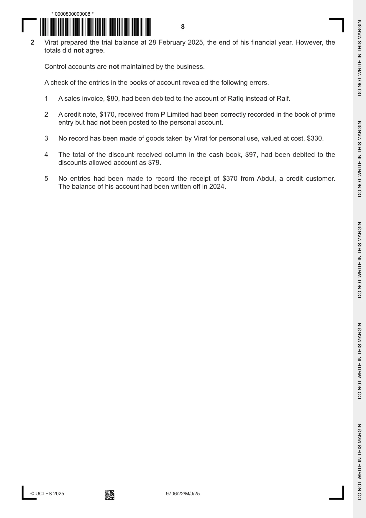 Cambridge A Level Accounting 9706 2025 May/June Paper 2 · Variant 2 question paper, page 8 of 20
