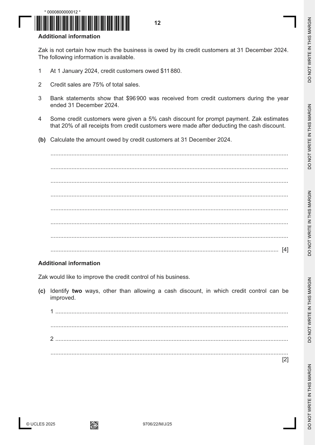 Cambridge A Level Accounting 9706 2025 May/June Paper 2 · Variant 2 question paper, page 12 of 20