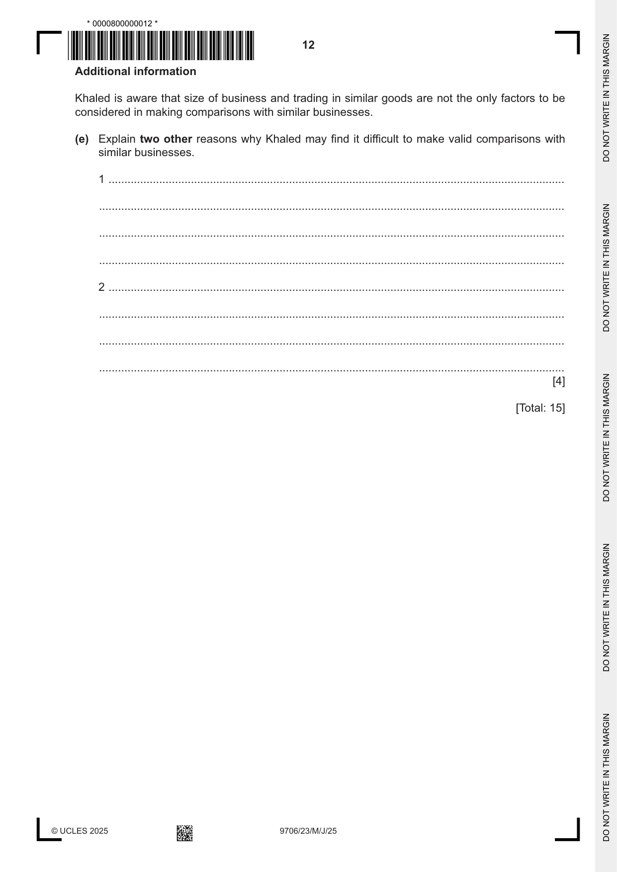 Cambridge A Level Accounting 9706 2025 May/June Paper 2 · Variant 3 question paper, page 12 of 20