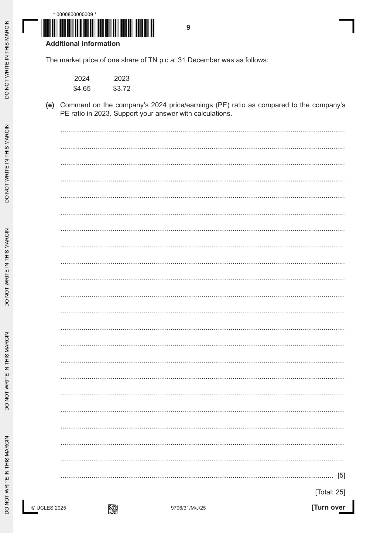 Cambridge A Level Accounting 9706 2025 May/June Paper 3 · Variant 1 question paper, page 9 of 16