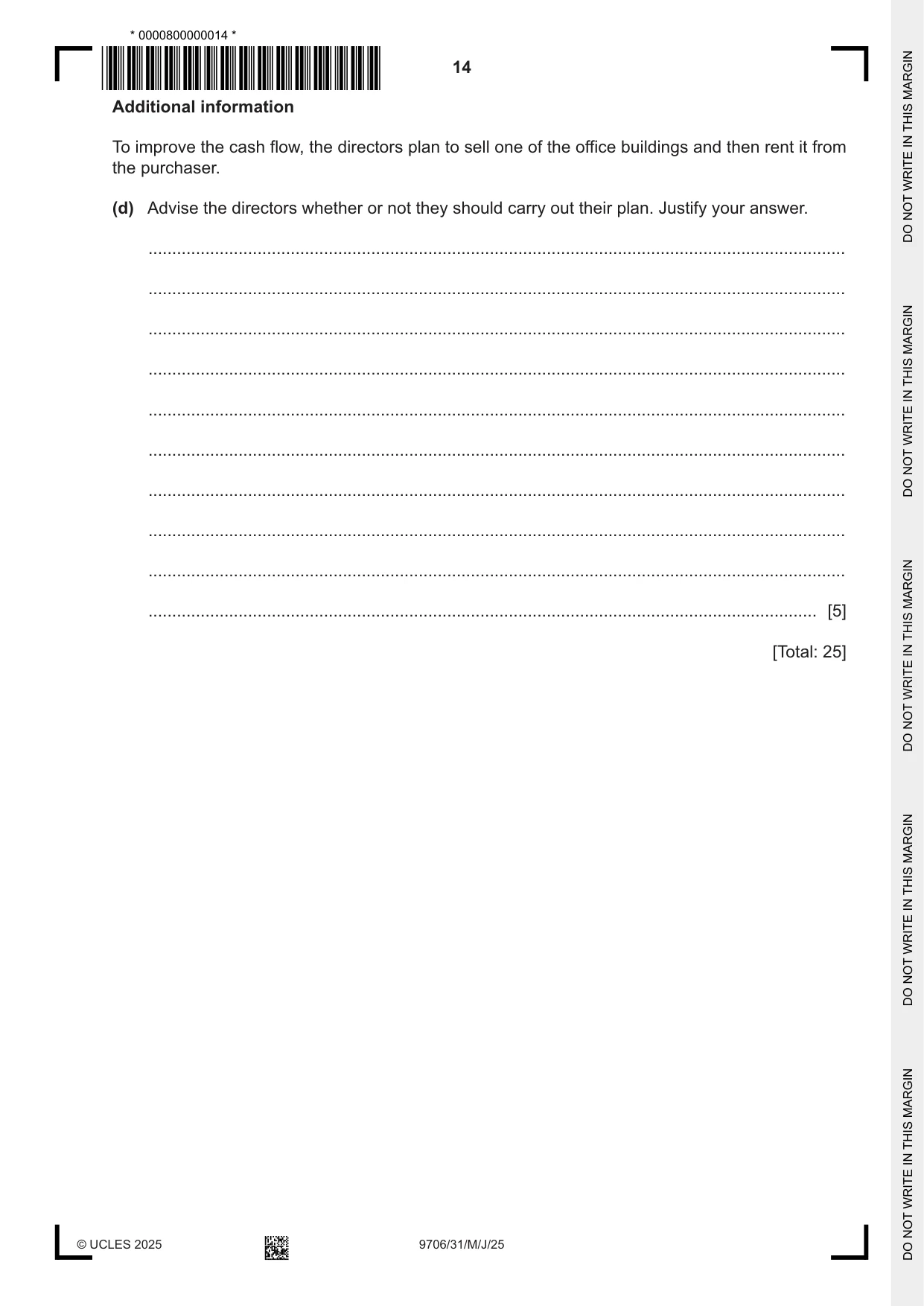 Cambridge A Level Accounting 9706 2025 May/June Paper 3 · Variant 1 question paper, page 14 of 16