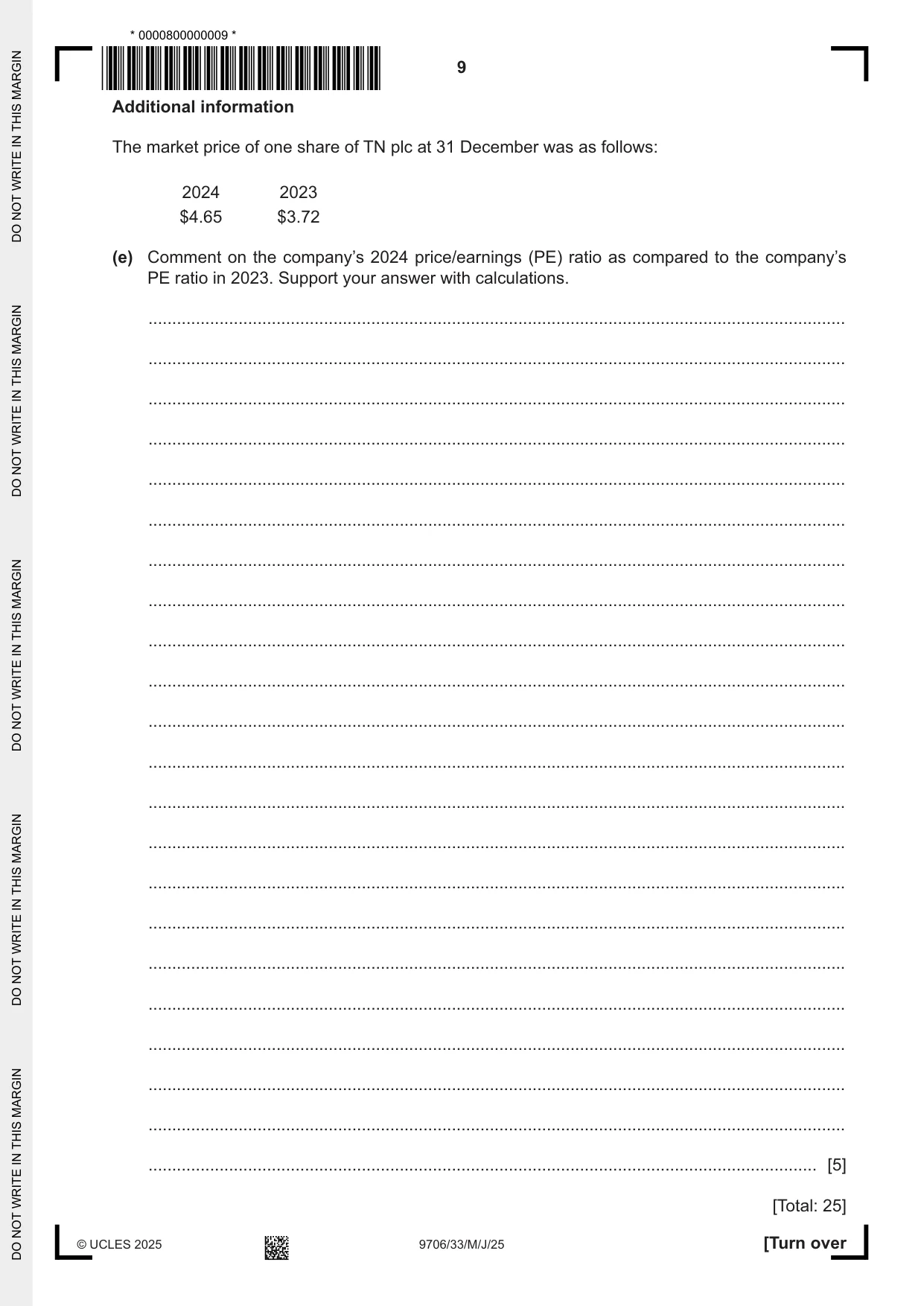 Cambridge A Level Accounting 9706 2025 May/June Paper 3 · Variant 3 question paper, page 9 of 16