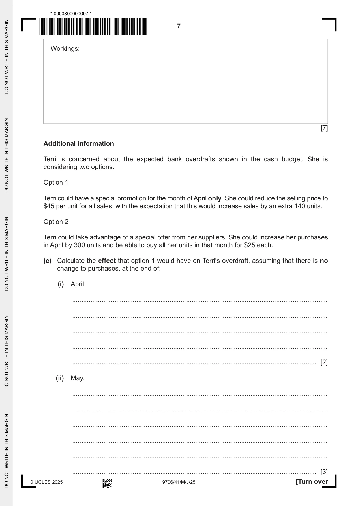 Cambridge A Level Accounting 9706 2025 May/June Paper 4 · Variant 1 question paper, page 7 of 12