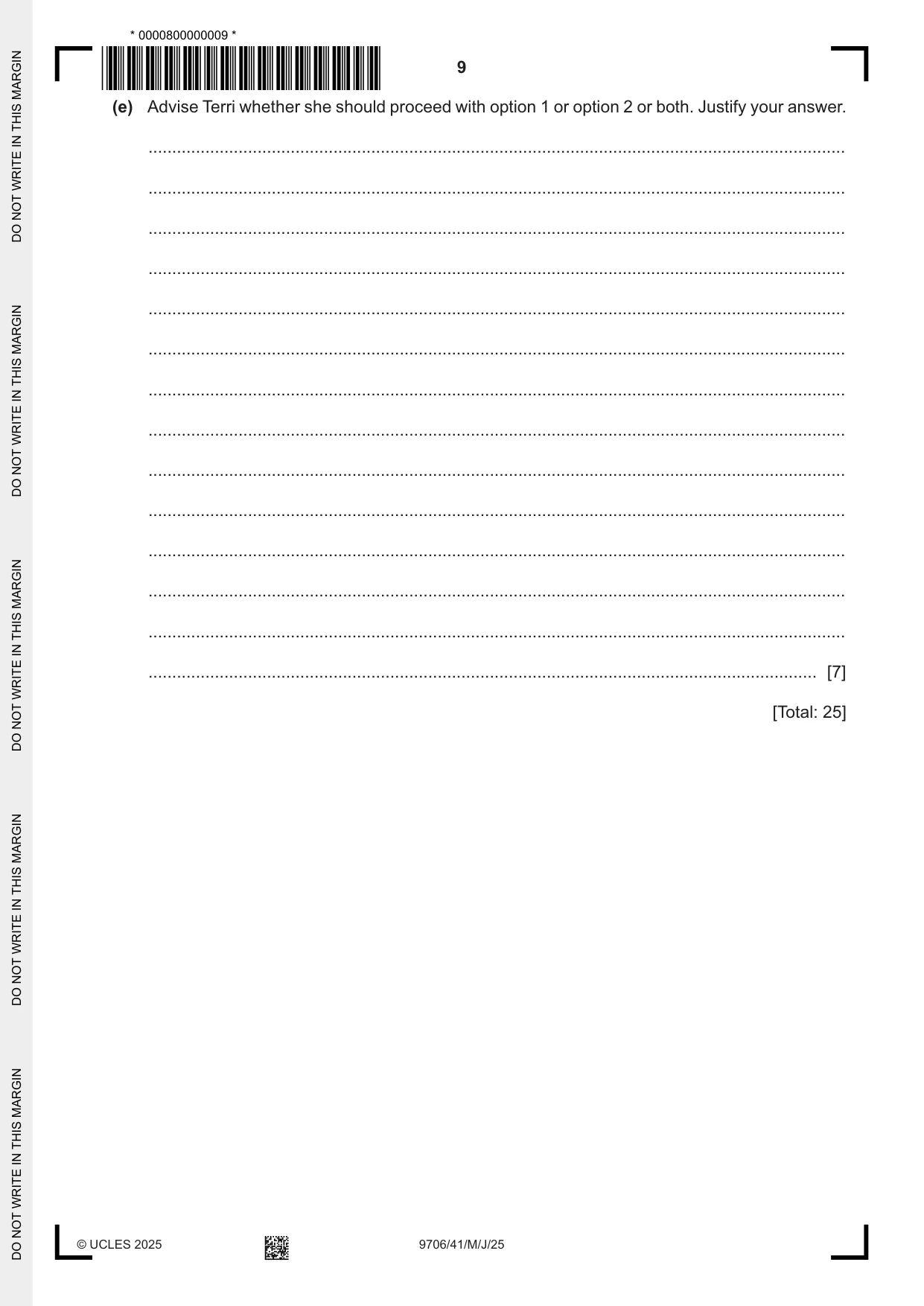Cambridge A Level Accounting 9706 2025 May/June Paper 4 · Variant 1 question paper, page 9 of 12