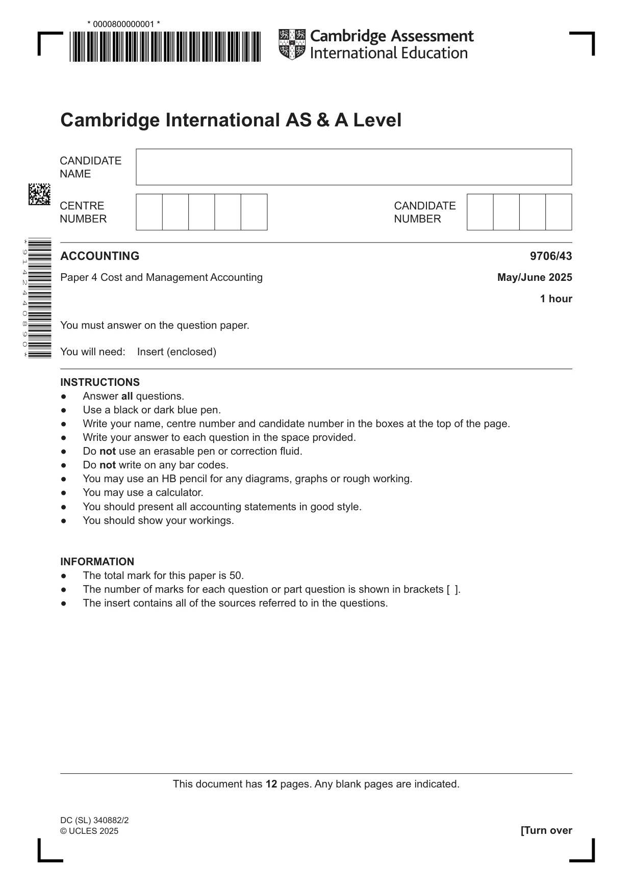 Cambridge A Level Accounting 9706 2025 May/June Paper 4 · Variant 3 question paper, page 1 of 12