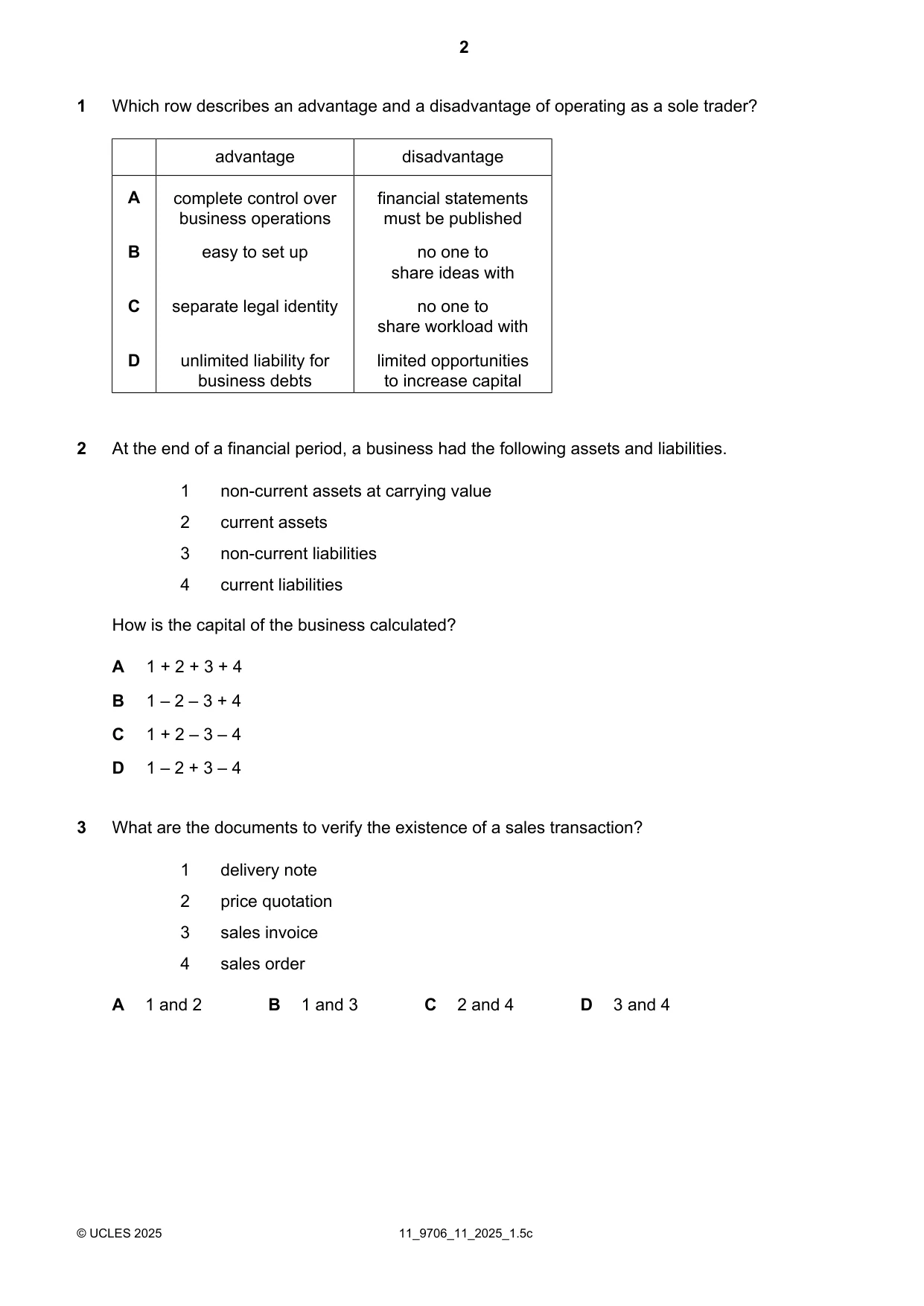 Cambridge A Level Accounting 9706 2025 Oct/Nov Paper 1 · Variant 1 question paper, page 2 of 12
