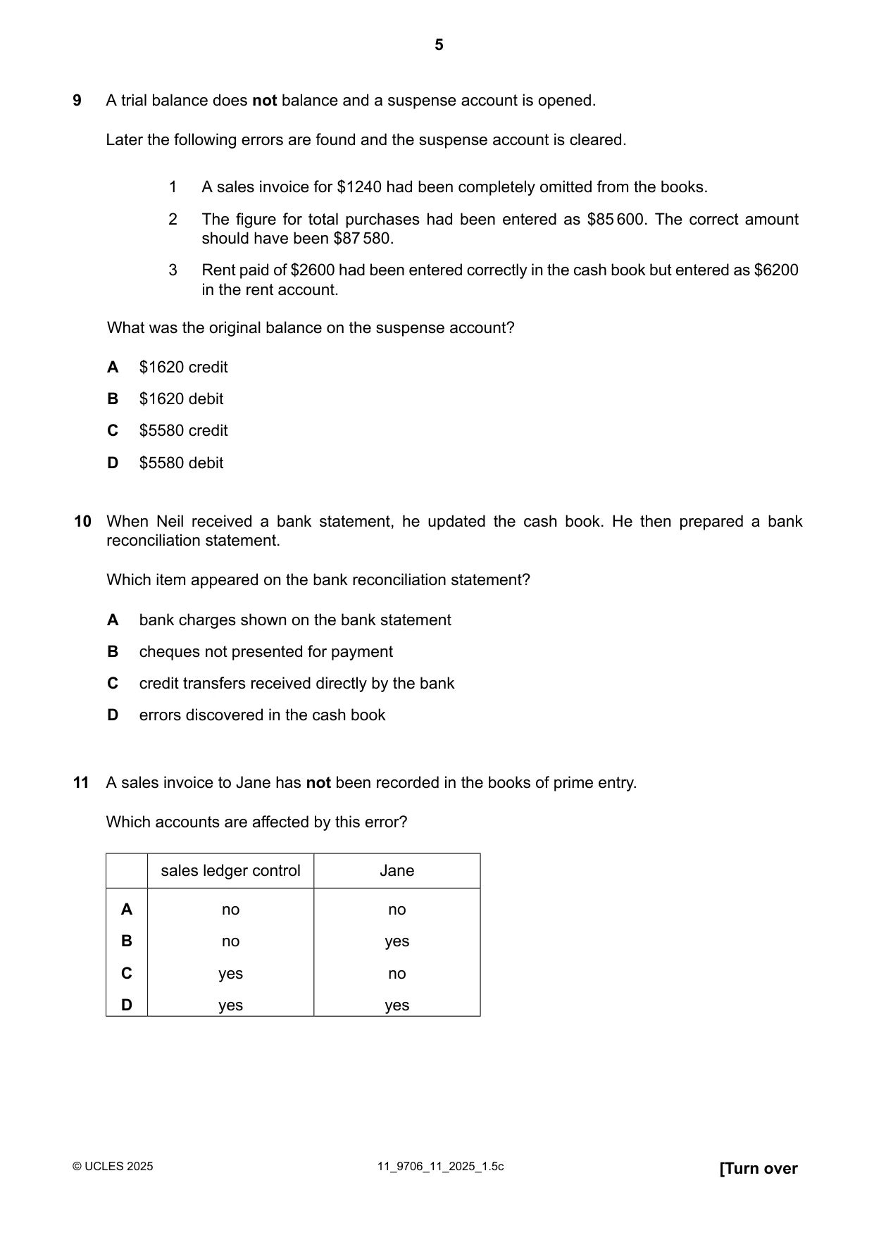 Cambridge A Level Accounting 9706 2025 Oct/Nov Paper 1 · Variant 1 question paper, page 5 of 12