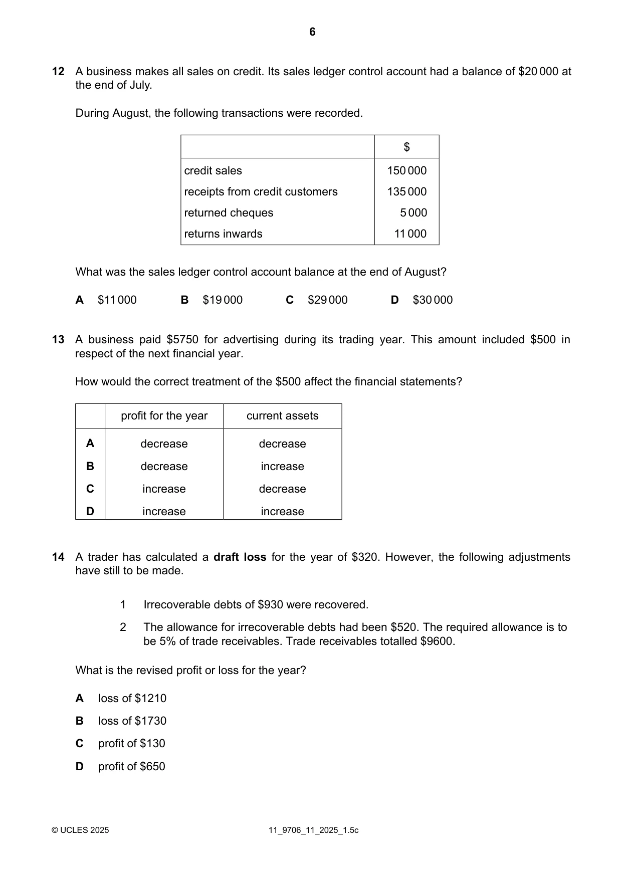 Cambridge A Level Accounting 9706 2025 Oct/Nov Paper 1 · Variant 1 question paper, page 6 of 12