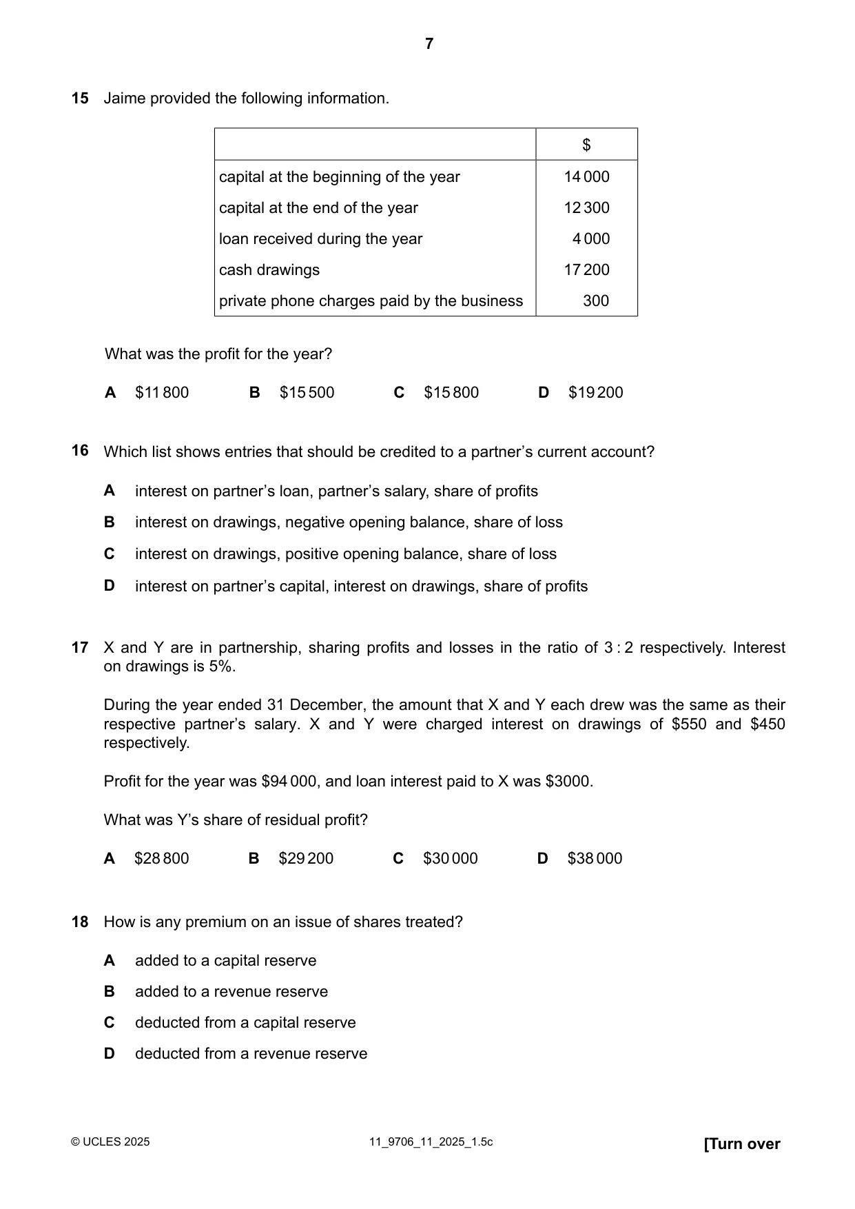 Cambridge A Level Accounting 9706 2025 Oct/Nov Paper 1 · Variant 1 question paper, page 7 of 12