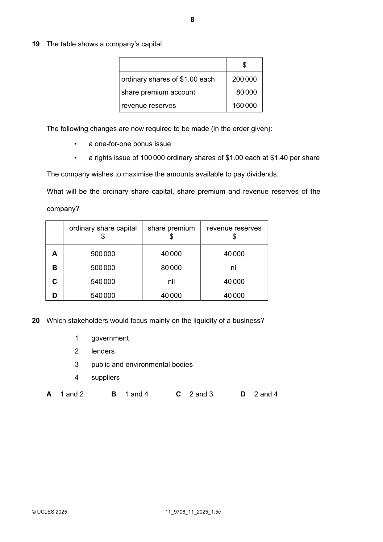 Cambridge A Level Accounting 9706 2025 Oct/Nov Paper 1 · Variant 1 question paper, page 8 of 12