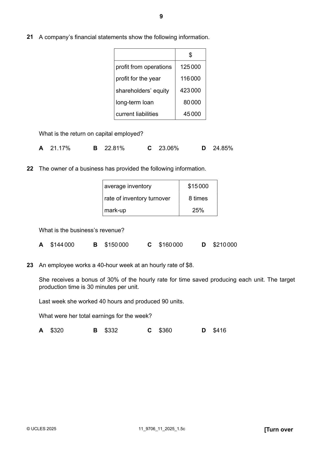 Cambridge A Level Accounting 9706 2025 Oct/Nov Paper 1 · Variant 1 question paper, page 9 of 12