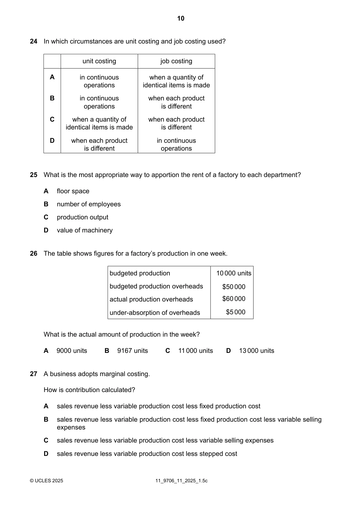 Cambridge A Level Accounting 9706 2025 Oct/Nov Paper 1 · Variant 1 question paper, page 10 of 12