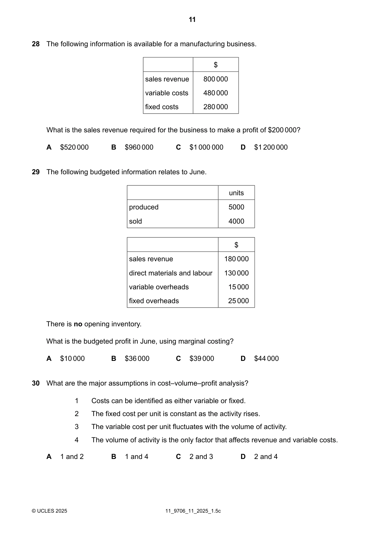 Cambridge A Level Accounting 9706 2025 Oct/Nov Paper 1 · Variant 1 question paper, page 11 of 12