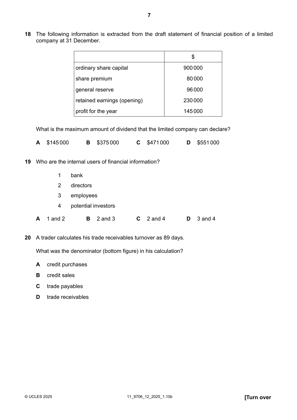 Cambridge A Level Accounting 9706 2025 Oct/Nov Paper 1 · Variant 2 question paper, page 7 of 12